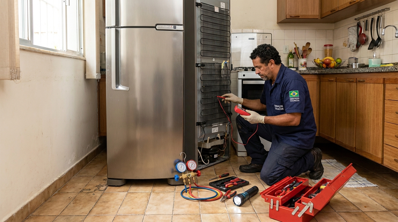 Técnico realizando manutenção de motor de geladeira no Bairro Malota, Jundiaí‑SP