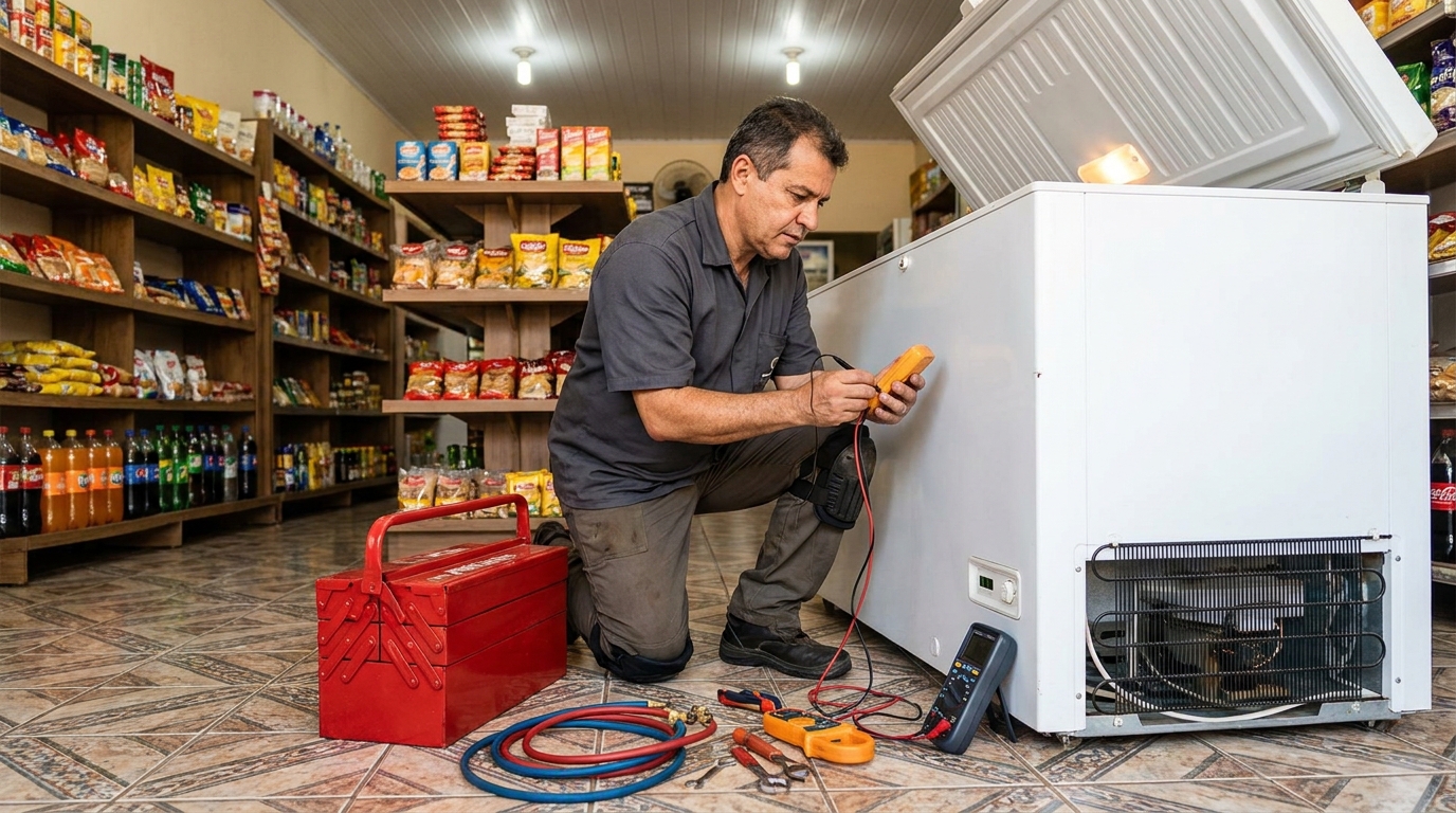 Recarga de gás refrigerante em freezer em atendimento na Alvorada, Jundiaí‑SP