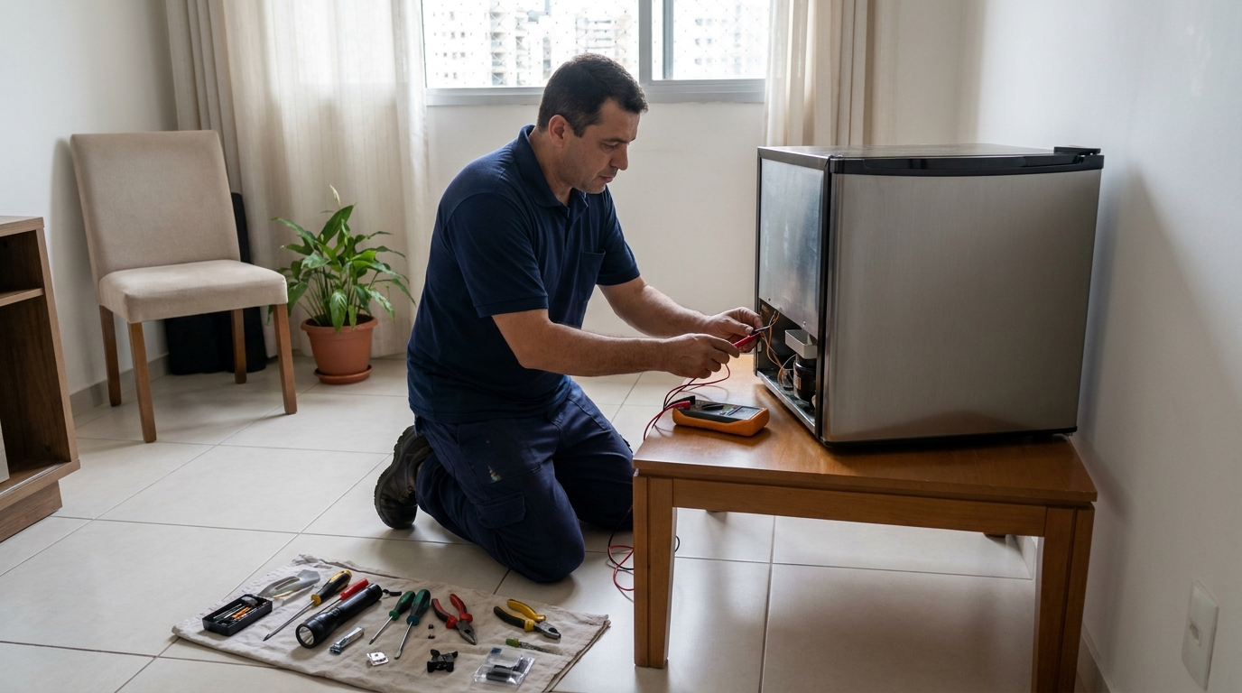 Técnico de conserto de frigobar em residência no Jardim Ermida, Jundiaí‑SP