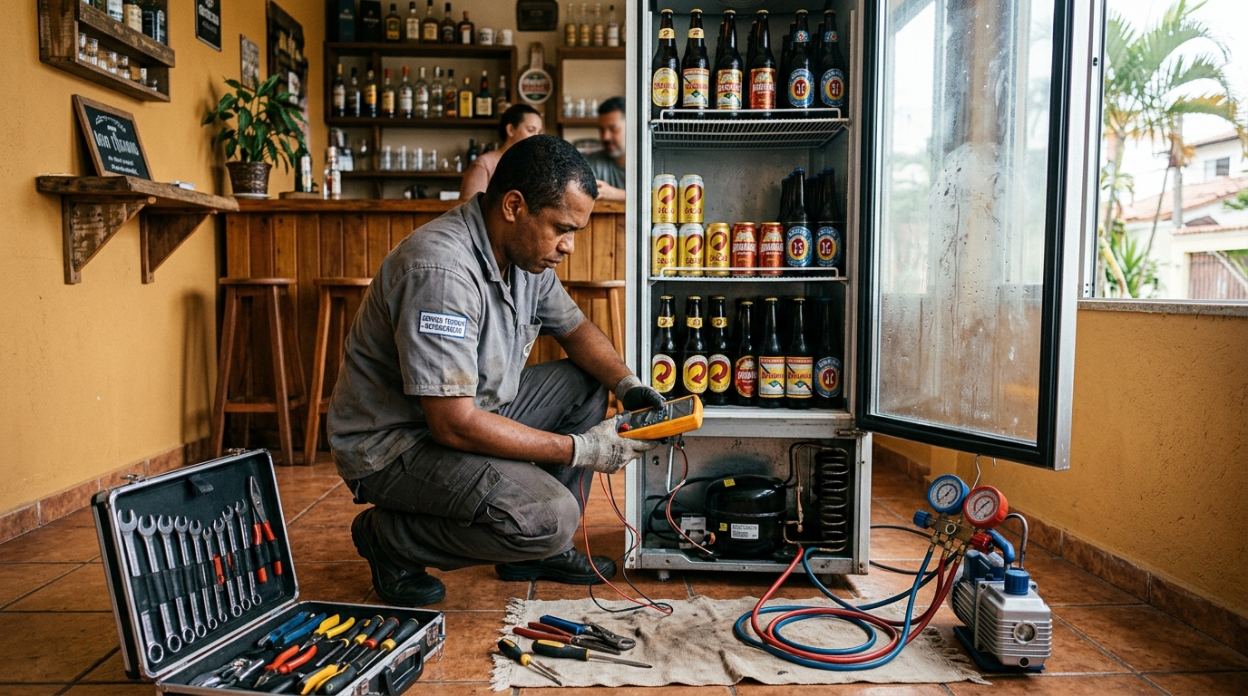 Troca de termostato de cervejeira em atendimento técnico em Jundiaí‑SP