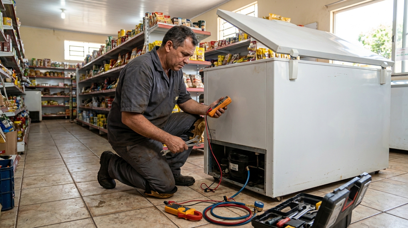 Troca de termostato de freezer em atendimento técnico na Alvorada, Jundiaí‑SP